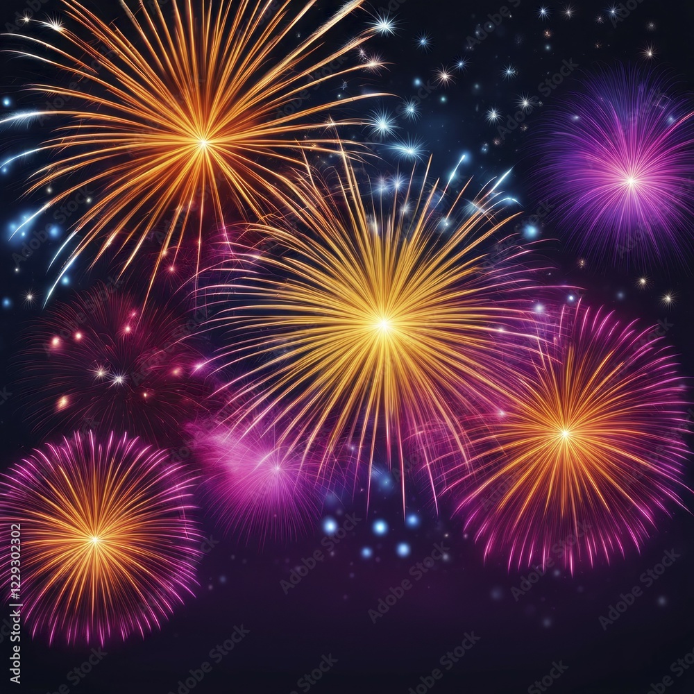 Naklejka premium Golden and pink fireworks bursts lighting up the night sky with vibrant, festive sparkles, AI generated