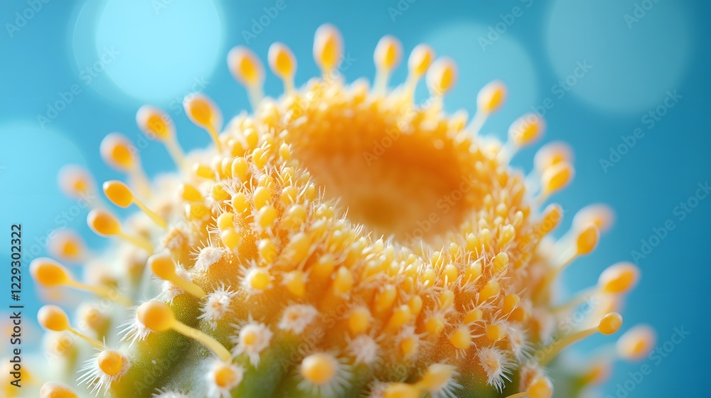 Fototapeta premium Golden barrel cactus displays striking yellow spines against soft baby blue background. Macro photography captures sharp detail of spines in clean modern aesthetic composition.