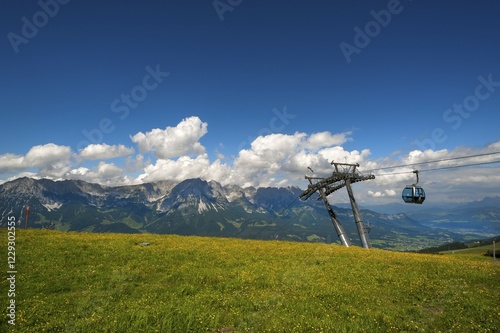 View from Brandstadl towards Wilder Kaiser, with Brandstadl cable car, Scheffau am Wilden Kaiser, Tyrol, Austria, Europe photo