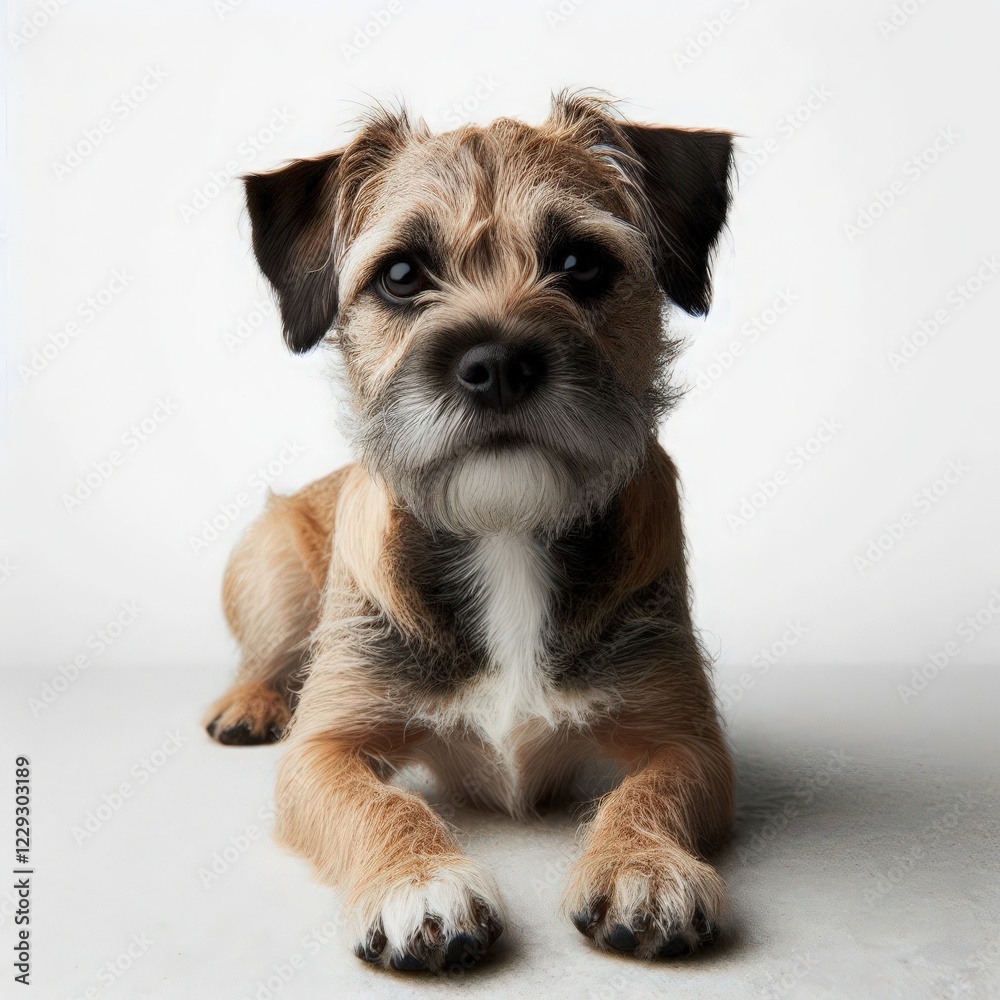 A charming terrier rests peacefully on a smooth surface, with its soulful eyes gazing forward. The simple backdrop enhances the dog's natural beauty and playful demeanor A charming terrier rests peacefully on a smooth surface, with its soulful eyes gazing forward. The simple backdrop enhances the dog's natural beauty and playful demeanor