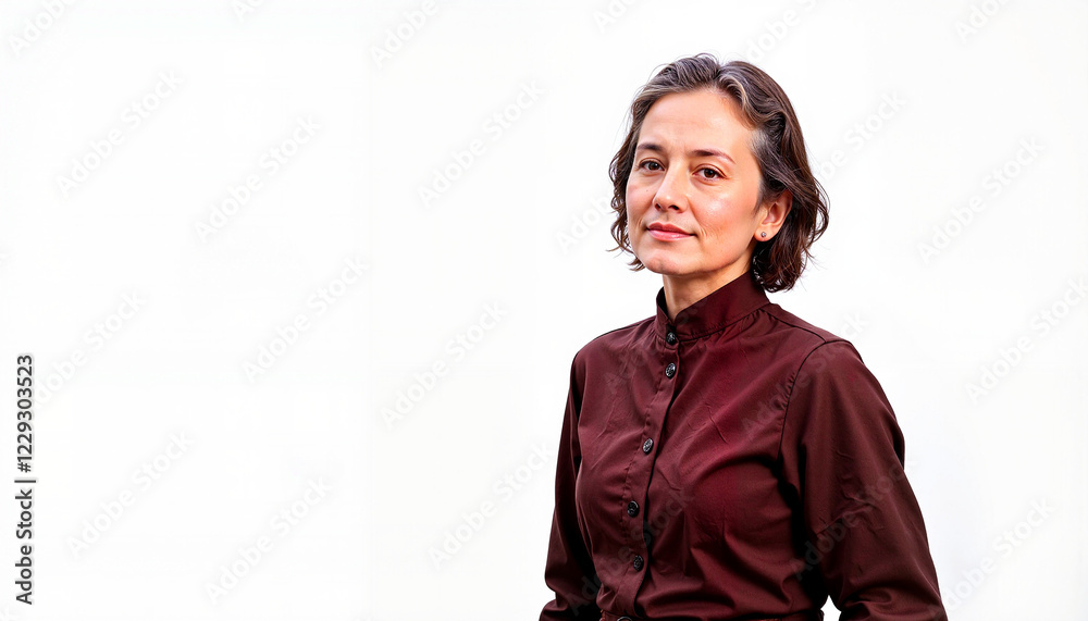 Confident woman smiling in brown shirt against white background Confident woman smiling in brown shirt against white background