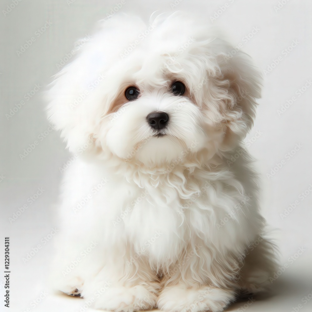 A fluffy white puppy sits upright, radiating charm with its round eyes and soft curls. The pup's playful nature shines in this cozy indoor setting, inviting affection and joy A fluffy white puppy sits upright, radiating charm with its round eyes and soft curls. The pup's playful nature shines in this cozy indoor setting, inviting affection and joy