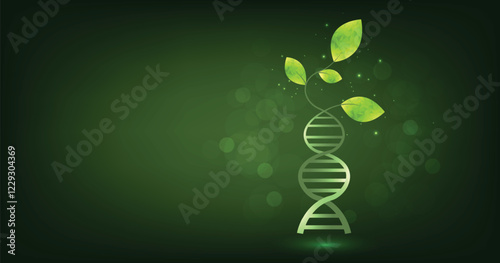 Green plant 3d DNA molecule helix. Genetically modified product concept. Gene editing genetic biotechnology engineering. Vector Illustration.eps10