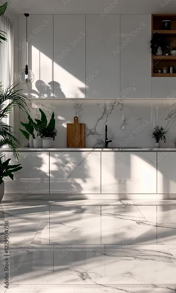 Modern kitchen interior with plants and natural light effects