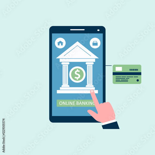 Illustration of online banking on a tablet. Hand pressing the tablet screen, credit card, online payments