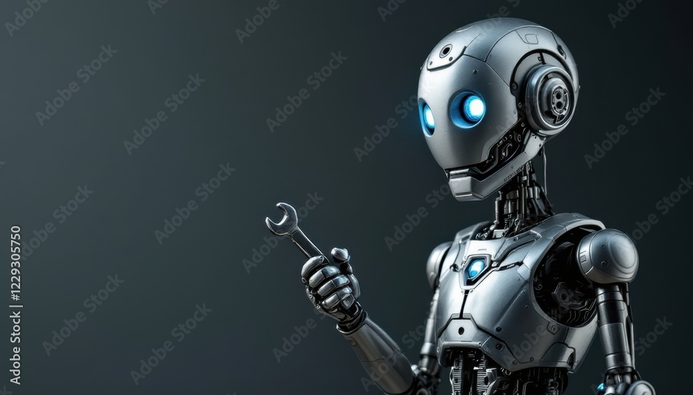Robot holding a wrench in a neutral gray background, repair. Robot holding a wrench in a neutral gray background, repair.