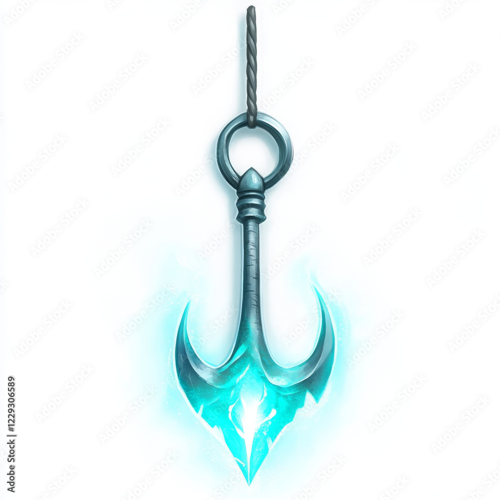glowing trident with mystical aura, suspended by rope