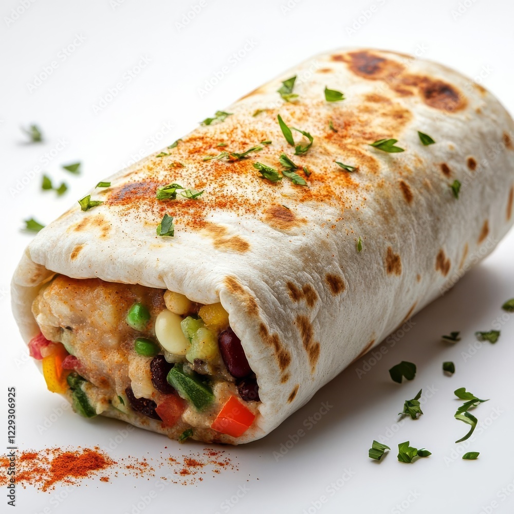 A burrito with colorful spices sprinkled around, culinary detail focus, ultra-realistic, isolated on white background A burrito with colorful spices sprinkled around, culinary detail focus, ultra-realistic, isolated on white background
