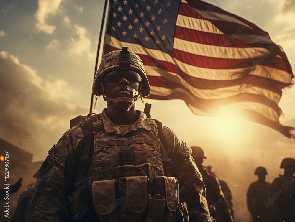 Flag of the United States of America with soldiers, symbolic image of the combat-ready army USA, Ai generated