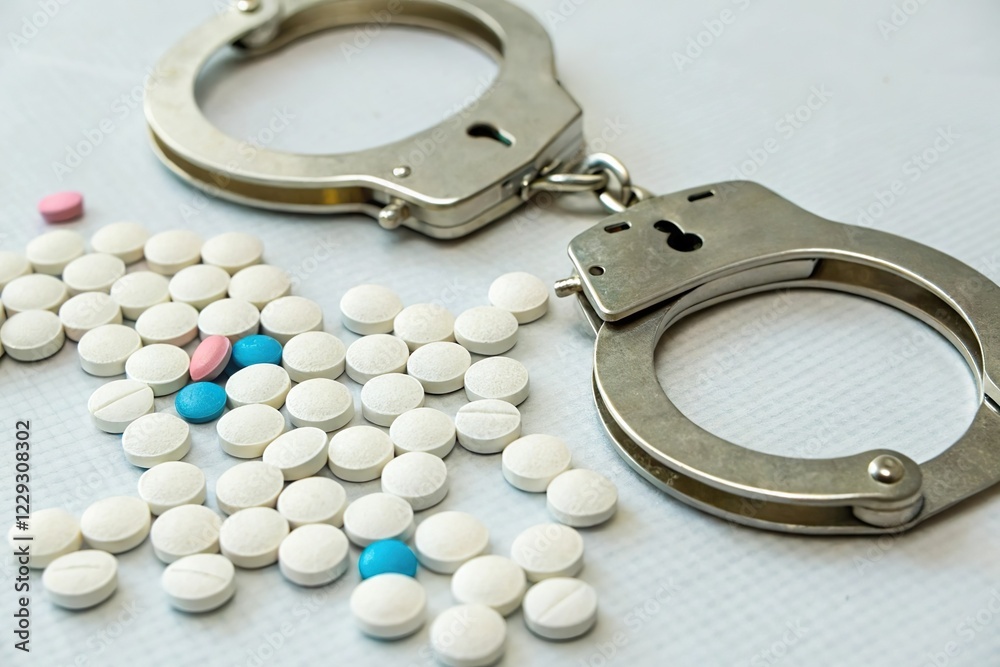 Metal handcuffs with scattered pills on table. Drug crime and addiction Metal handcuffs with scattered pills on table. Drug crime and addiction
