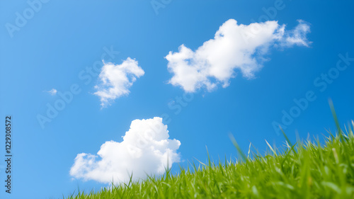 Green grass and blue sky with white clouds