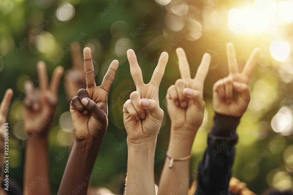 Crowd of people with raised hands with peace sign. KI generiert, generiert, AI generated Crowd of people with raised hands with peace sign. KI generiert, generiert, AI generated