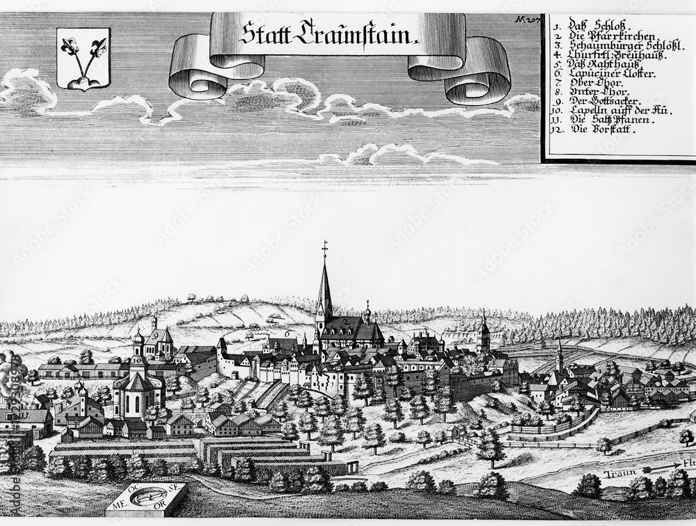 Fototapeta premium City of Traunstsein, copperplate engraving by Michael Wening, c. 1700, Upper Bavaria, Bavaria, Germany, Europe