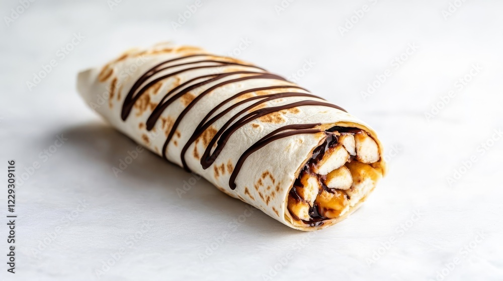 A burrito with melted chocolate drizzle, dessert-inspired whimsical design, isolated on white background A burrito with melted chocolate drizzle, dessert-inspired whimsical design, isolated on white background