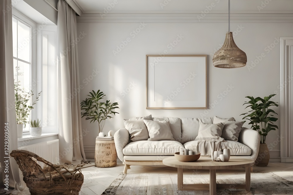 Fototapeta premium Mockup frame in interior background, white neutral room, Scandi-Boho style, 3d render .