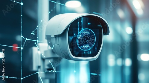 futuristic geometric background, seamless Security operator controls CCTV camera in office, using digital tablet with surveillance camera playback on screen. High-tech security with facial recognition