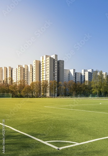 Canvas Print Football field and high-rise buildings in the Märkisches Viertel residential are