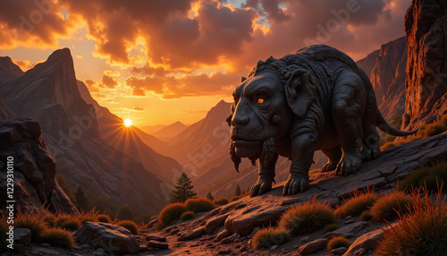 Majestic cyclops gazing at sunset over rugged mountains, mythical wonder