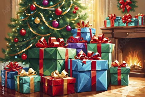 Abstract illustration of wrapped Christmas gifts, shiny ribbons and bows, stacked under a evergreen tree in a cozy living room, AI generated