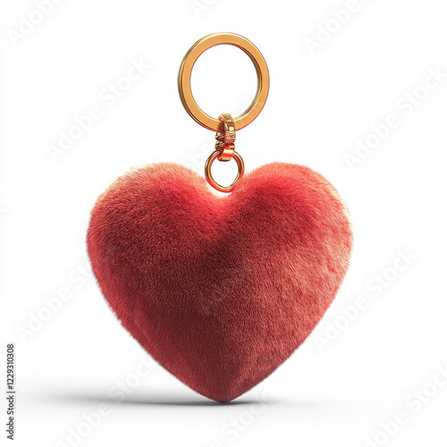 Fluffy red heart keychain with golden ring, perfect for gifts