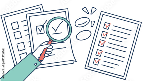 The process of checking documents using a magnifying glass, attention to detail. The concept is related to auditing, certification and document management