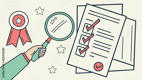 The process of checking documents using a magnifying glass, attention to detail. The concept is related to auditing, certification and document management