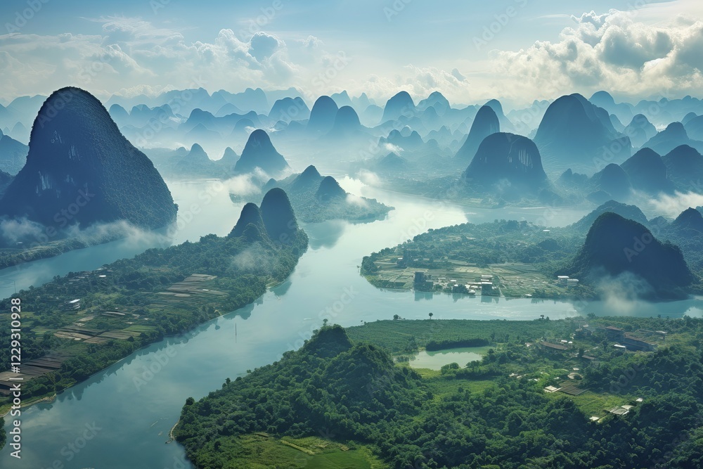 Naklejka premium Surrealist aerial view of the Li River at Guilin, China, AI Generated, AI generated, Asia