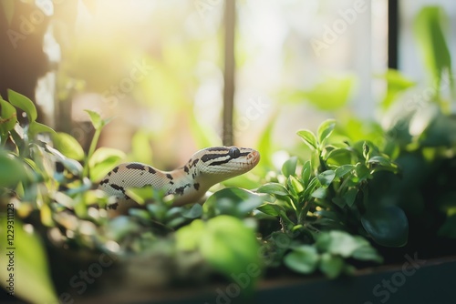 Ball python, known for its docile nature, is gracefully emerging from a vibrant bed of green foliage, bathed in the warm glow of sunlight, creating a captivating scene of nature's beauty