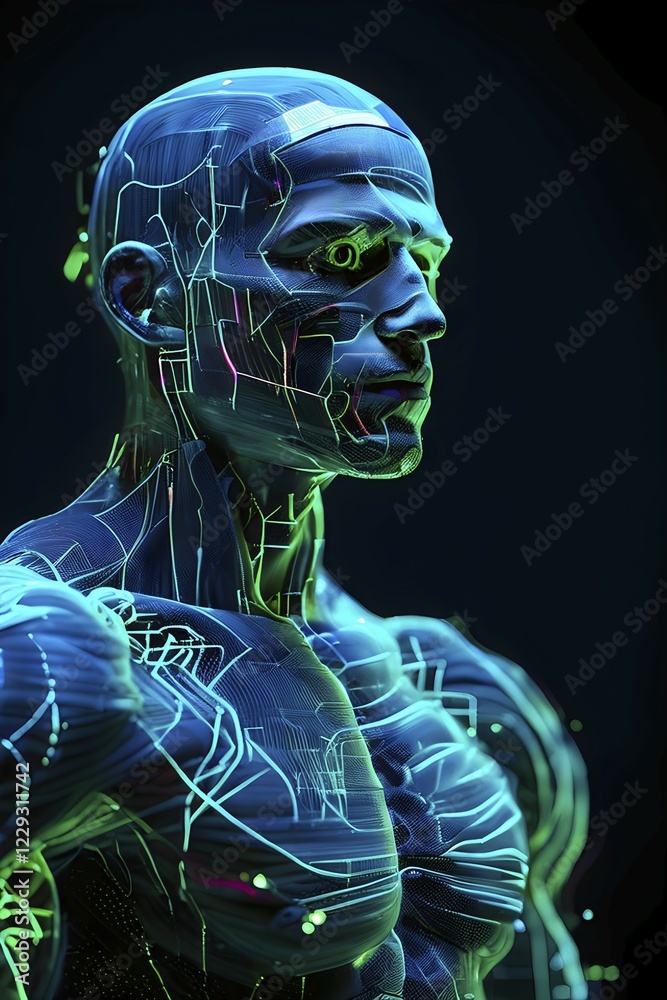 AI generated cybernetic male figure composed of fluid computer code symbolizing artificial intelligence AI generated cybernetic male figure composed of fluid computer code symbolizing artificial intelligence