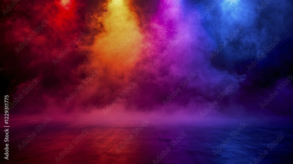 Fototapeta premium A vibrant and energetic stage setup with colorful spotlights and thick smoke, AI generated