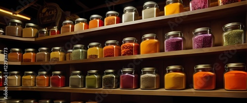 A colorful display of spices in vibrant jars arranged on a wooden shelf in a local market
