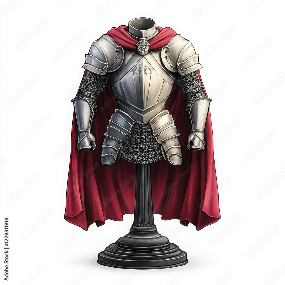 Fototapeta premium detailed suit of armor with red cape, displayed on pedestal
