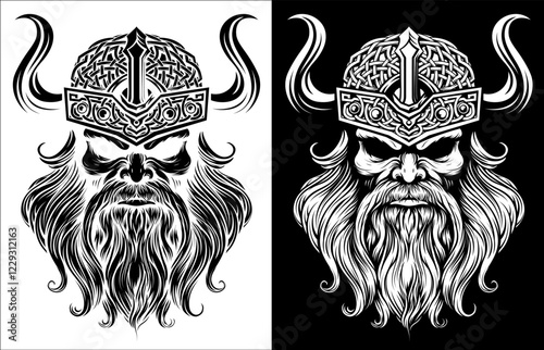 A Viking warrior or barbarian gladiator man mascot face looking strong wearing a helmet. In a retro vintage woodcut style.
