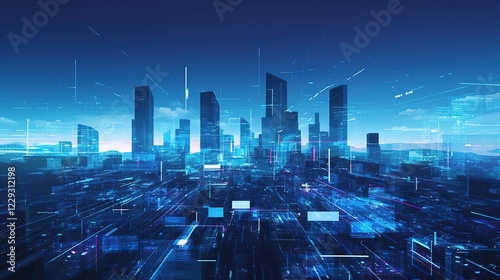abstract future city building. Blue digital smart futuristic City concept. Holograms of innovation and data for virtual reality.Technology background