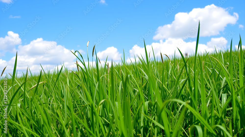 Fototapeta premium Green grass and blue sky with white clouds