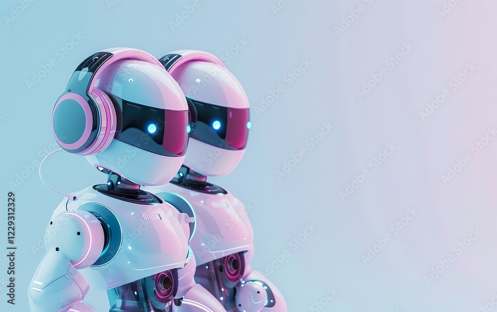 Robots working in call center modern office. AI centered world concept. Digital transformation, neural networks, deep learning, tech savvy, augmented reality, virtual connectivity, adaptive systems Robots working in call center modern office. AI centered world concept. Digital transformation, neural networks, deep learning, tech savvy, augmented reality, virtual connectivity, adaptive systems