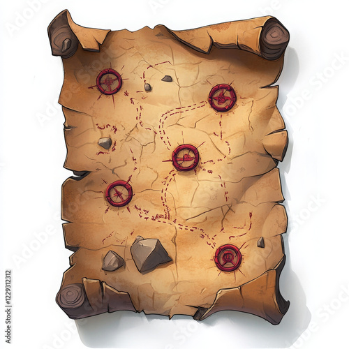 treasure map with marked locations and worn, ancient look photo