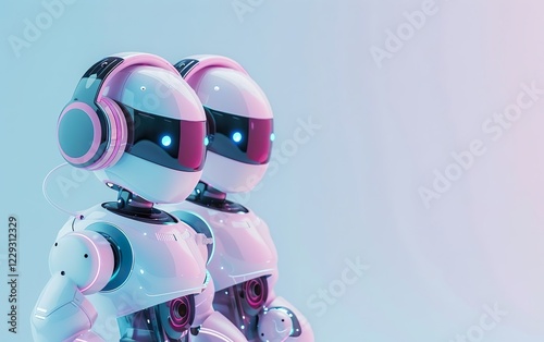 Robots working in call center modern office. AI centered world concept. Digital transformation, neural networks, deep learning, tech savvy, augmented reality, virtual connectivity, adaptive systems photo