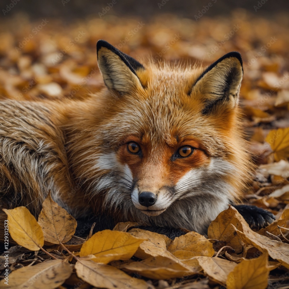 Fototapeta premium A red fox curled up on a bed of golden autumn leaves.
