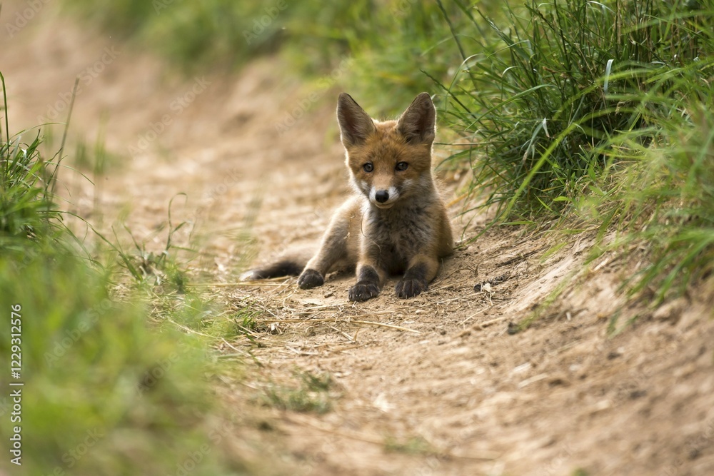 Fototapeta premium Red Fox (Vulpes vulpes), lying, Young Animal, Puppy, Baden-Württemberg, Germany, Europe