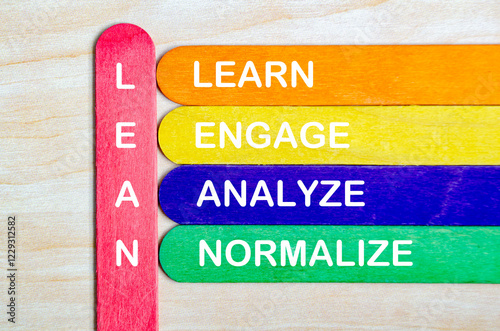 LEAN represent Lean, Engage, Analyze and Normalize text on colorful wooden sticks photo