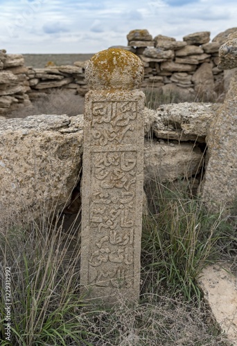 Ancient burial ground of Nomadic Kazakh tribes, Ustyurt Plateau, Uzbekistan, Asia photo
