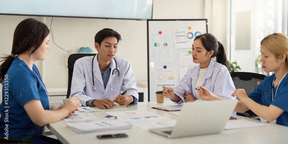 Diverse healthcare team strategizing patient care during a collaborative meeting. Diverse healthcare team strategizing patient care during a collaborative meeting.