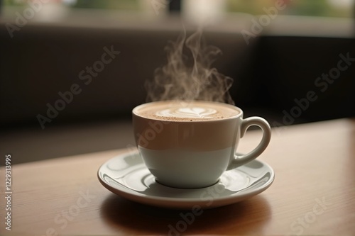 Steaming cup of coffee on table in cozy setting