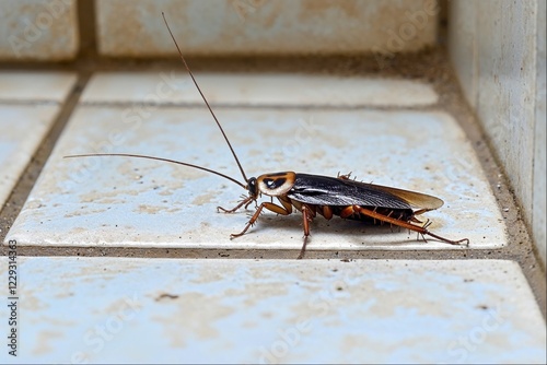 A cockroach (Blattodea) with long antennae stands in a corner on light blue tiles, AI generated, AI generated photo