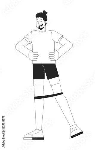 Caucasian man exercising with resistance band around knees black and white 2D line character. Lower body workout. Personal trainer isolated vector outline person. Monochromatic spot illustration