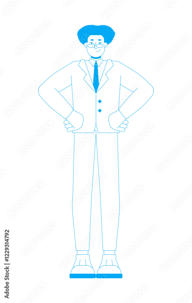 Confident hispanic man with glasses in formal suit 2D outline cartoon character. Businessman standing with hands on hips isolated person flat vector on white background. Spot illustration colorful Confident hispanic man with glasses in formal suit 2D outline cartoon character. Businessman standing with hands on hips isolated person flat vector on white background. Spot illustration colorful