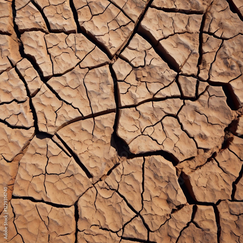 Abstract patterns of cracks in clay ground, extreme drought impact on soil