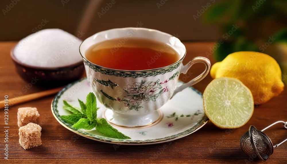 Delicate cup of English tea with bergamot, accompanied by fresh lemon and sugar on a wooden table Delicate cup of English tea with bergamot, accompanied by fresh lemon and sugar on a wooden table