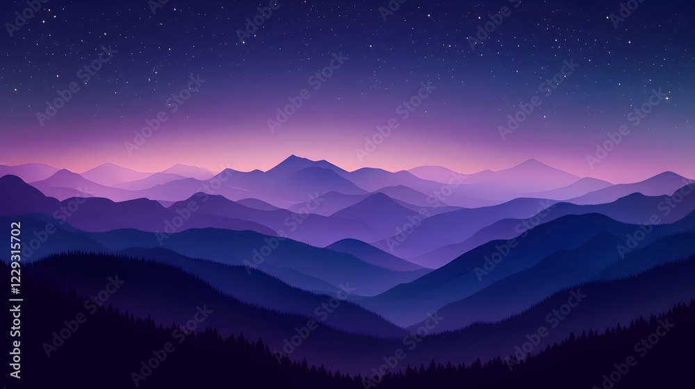 Fototapeta premium A serene, stylized mountain landscape at twilight or dawn with layered silhouettes of mountains against a gradient sky of purples and pinks, dotted with stars.